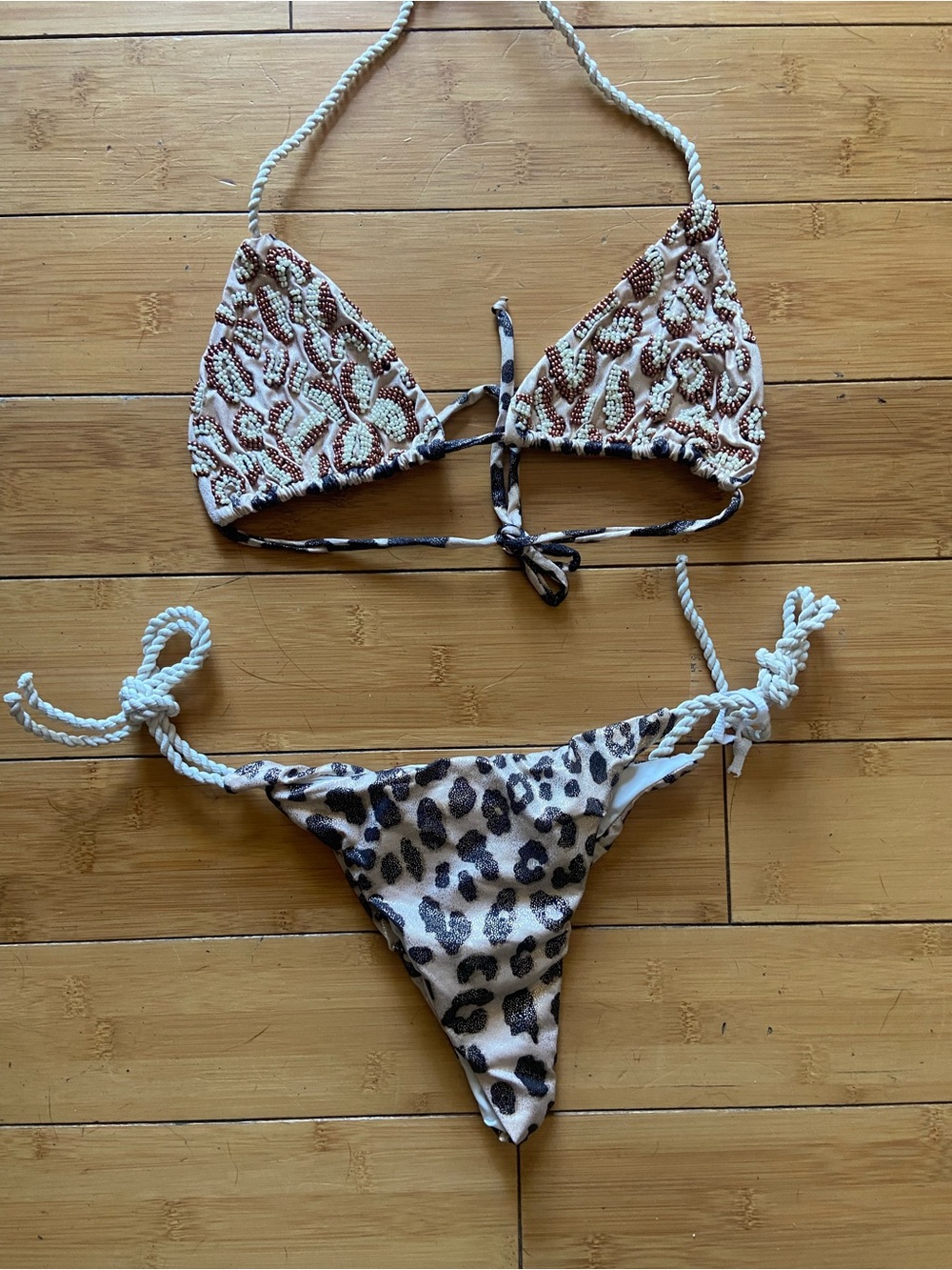 Colombian Beaded Swim Beaded Triangle Bikini Set in Cream and Brown Leopard